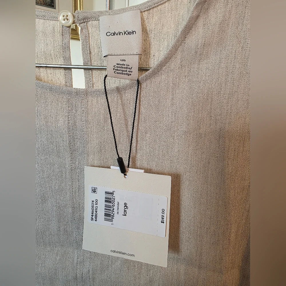 New Calvin Klein Linen Stretch Elegant Cream Midi Dress Large - Picture 5 of 13
